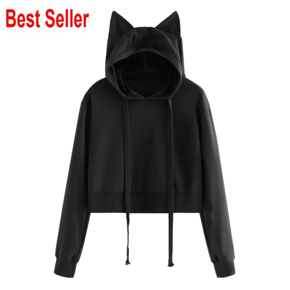 Long Sleeve Cropped Hoodie Cat Print Pullover Women's Sweatshirt